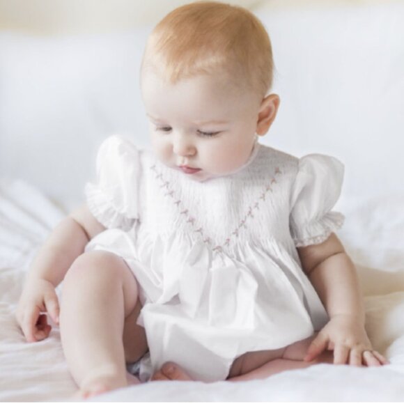 RARE Feltman Brothers White Smocked Romper Bubble With Embroidery Rosebuds NWT - Picture 2 of 6